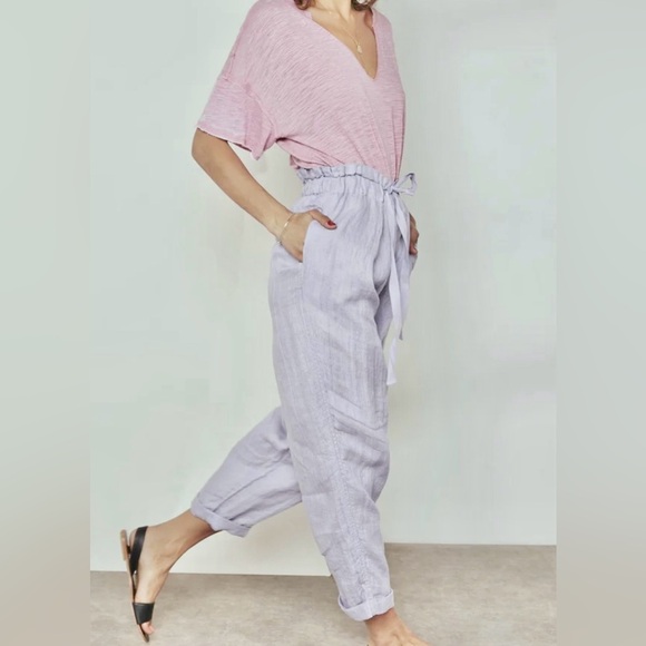 Free People Only Over You Linen Pant in Blue Pearl Tie Bag Waist Straight Leg - Picture 4 of 14